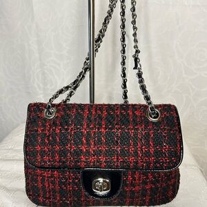 PARADOX LEATHER red and black Chic Tweed/Leather  Shoulder Bag with chain strap